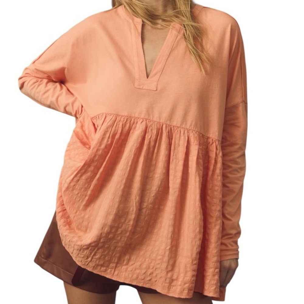 Anthropologie Pilcro Long-Sleeve Babydoll Top Light Orange Gingham Size Small